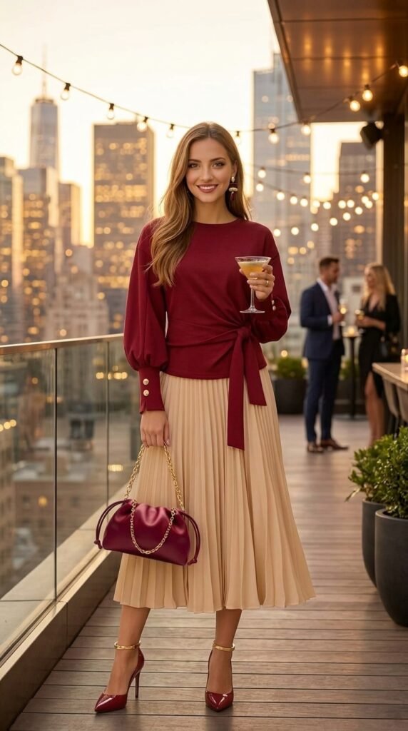Burgundy Knot Top & Pleated Skirt: Shop the Look ☀️ Summer Outfits Burgundy Knot Top & Pleated Skirt: Shop the Look - Stylesoutfits.com