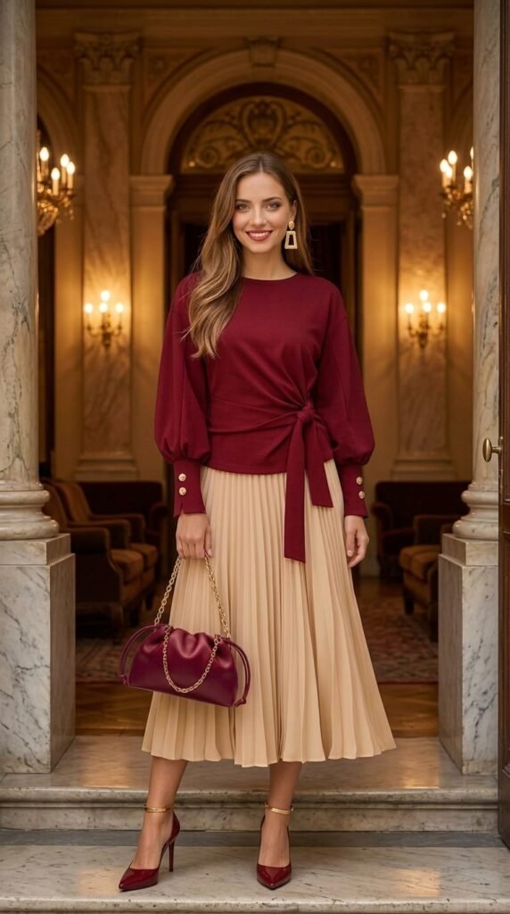 Burgundy Knot Top & Pleated Skirt: Shop the Look ☀️ Summer Outfits Burgundy Knot Top & Pleated Skirt: Shop the Look - Stylesoutfits.com