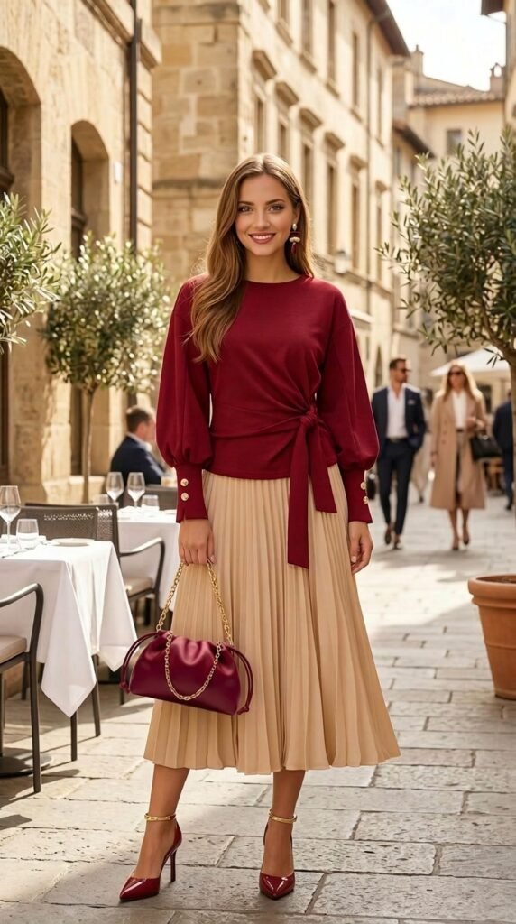 Burgundy Knot Top & Pleated Skirt: Shop the Look ☀️ Summer Outfits Burgundy Knot Top & Pleated Skirt: Shop the Look - Stylesoutfits.com