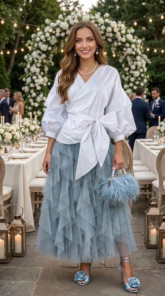 Blue Tulle Skirt & White Wrap Blouse: Shop the Look - Stylesoutfits.com
