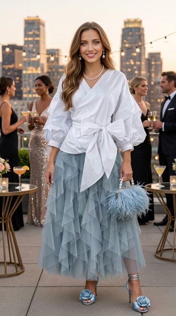 Blue Tulle Skirt & White Wrap Blouse: Shop the Look - Stylesoutfits.com