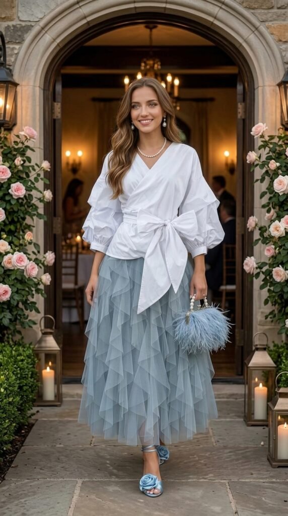 Blue Tulle Skirt & White Wrap Blouse: Shop the Look - Stylesoutfits.com