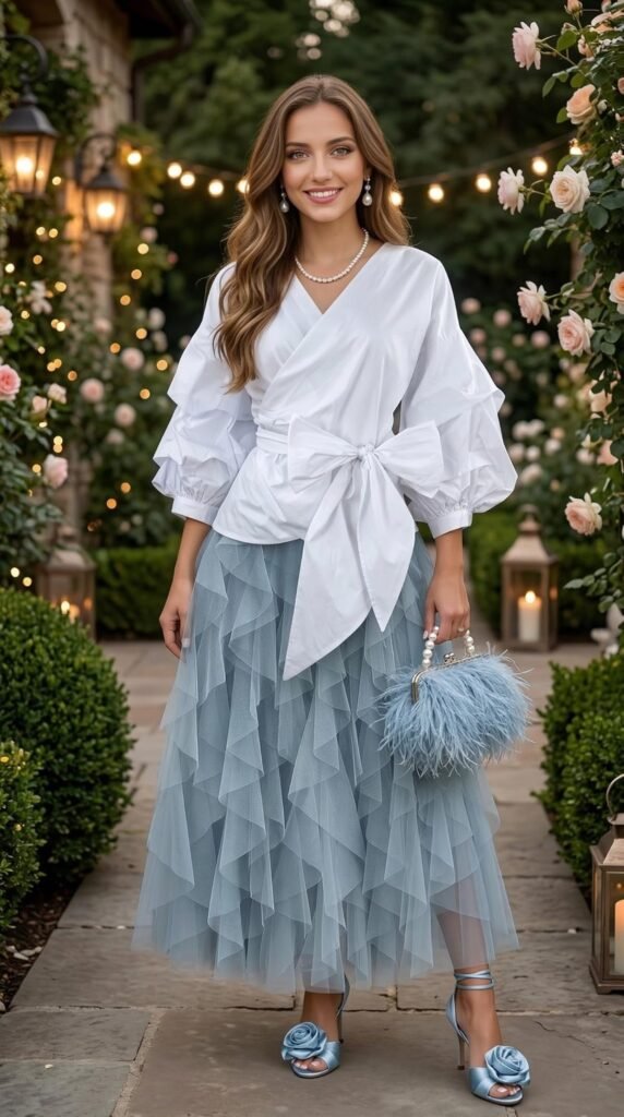 Blue Tulle Skirt & White Wrap Blouse: Shop the Look - Stylesoutfits.com
