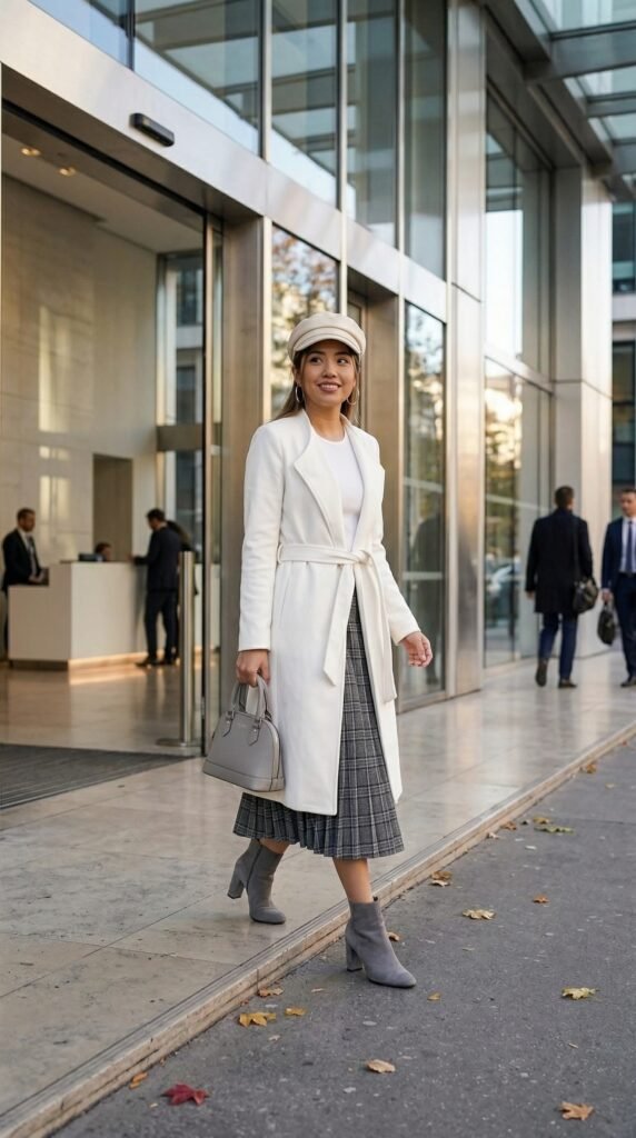 White Long Coat & Grey Tweed Skirt: Shop the Look - Stylesoutfits.com