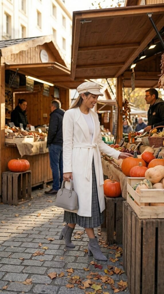 White Long Coat & Grey Tweed Skirt: Shop the Look - Stylesoutfits.com