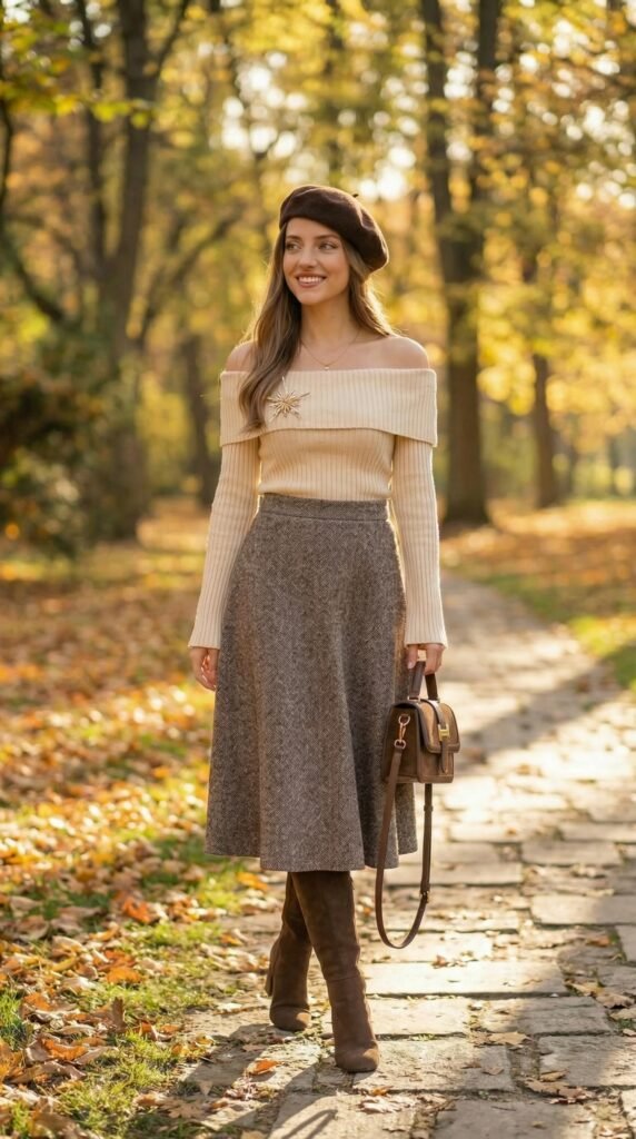 Cream Off-Shoulder Sweater & Tweed Skirt: Fall Look π Fall / Autumn Outfits Cream Off-Shoulder Sweater & Tweed Skirt: Fall Look - Stylesoutfits.com