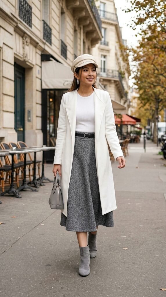 White Long Coat & Grey Tweed Skirt: Shop the Look - Stylesoutfits.com