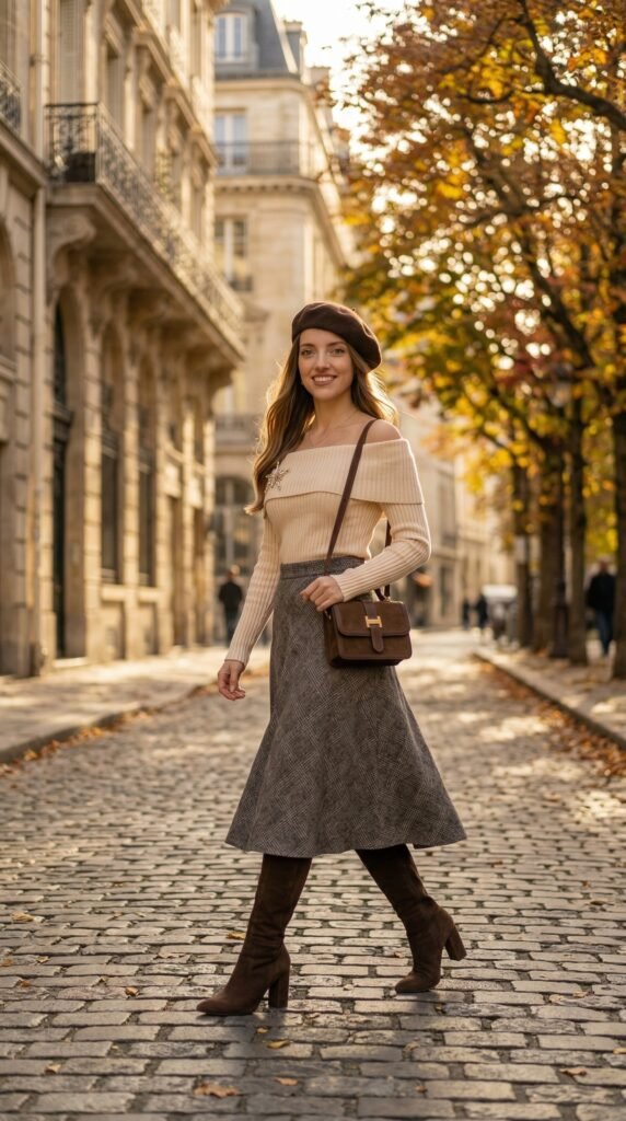 Cream Off-Shoulder Sweater & Tweed Skirt: Fall Look π Fall / Autumn Outfits Cream Off-Shoulder Sweater & Tweed Skirt: Fall Look - Stylesoutfits.com