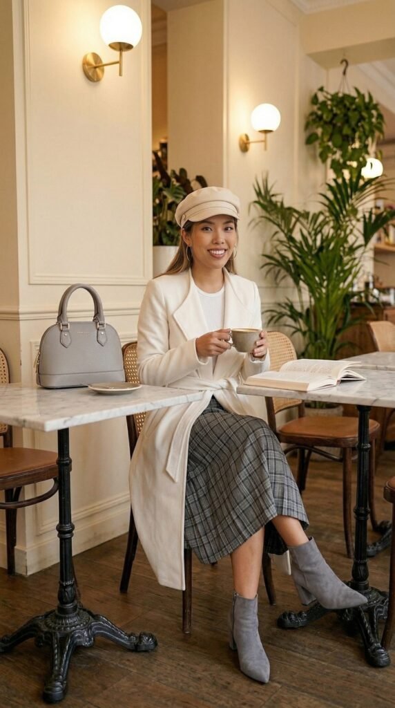 White Long Coat & Grey Tweed Skirt: Shop the Look - Stylesoutfits.com