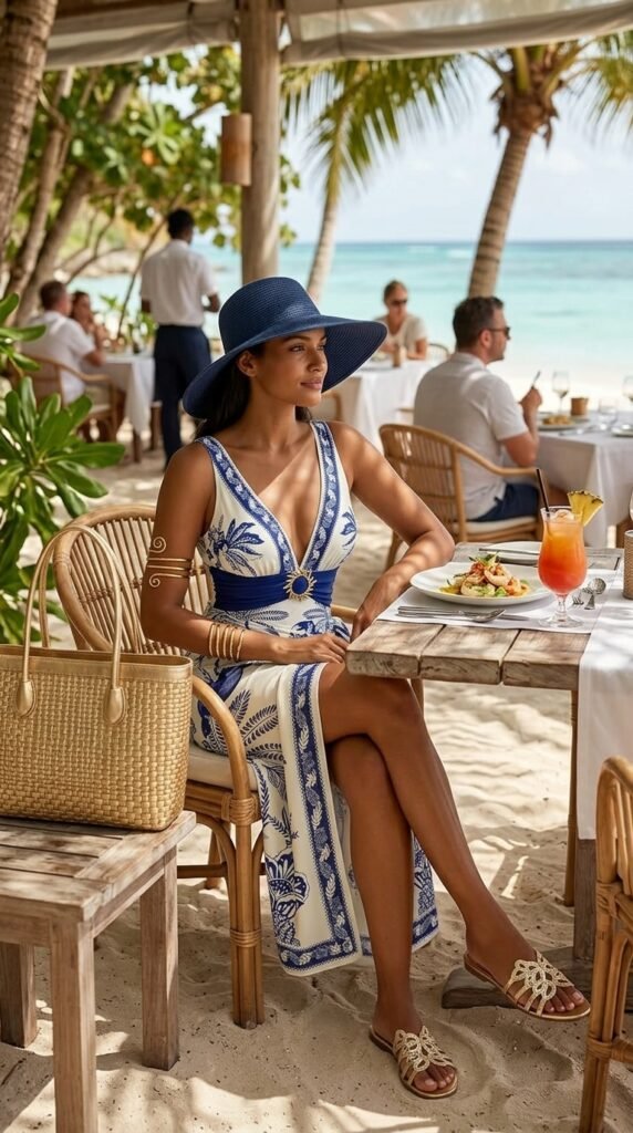 Tropical Beach Outfit: Blue Floral Swimsuit & Sarong Look - Stylesoutfits.com