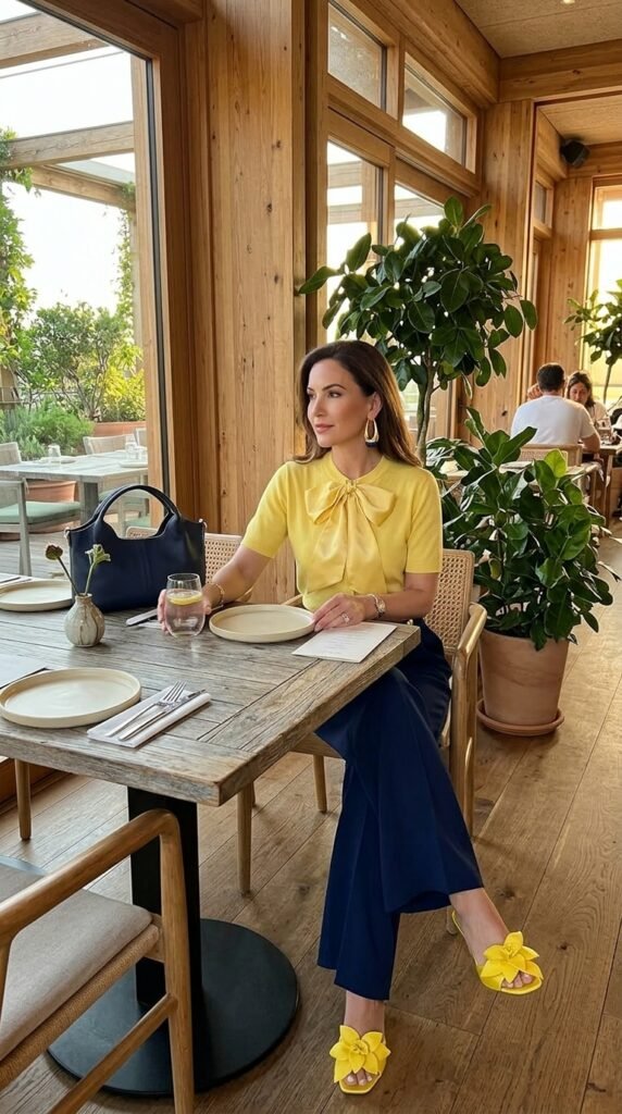 Yellow Bow Cardigan & Navy Palazzo Pants: Shop the Look - Stylesoutfits.com